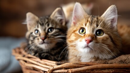 A heartwarming scene featuring two adorable kittens, one tabby and one ginger, nestled together in a cozy basket, radiating cuteness and feline charm to viewers.