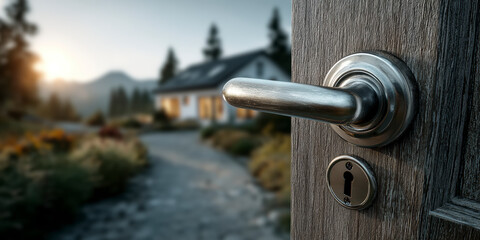 View from an open door showcasing a peaceful house at sunset in a quiet neighborhood