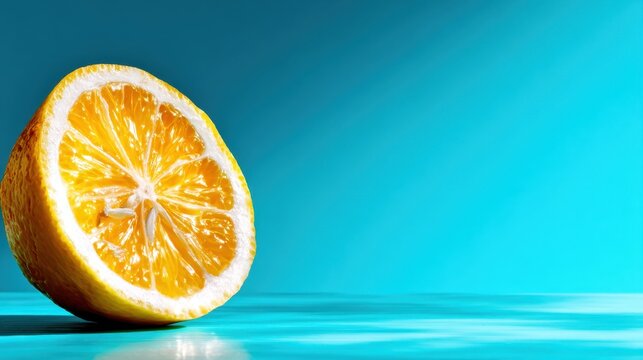 A beautifully presented half lemon rests against a turquoise background, reflecting freshness and zest while highlighting the vibrant and lively aesthetics of the fruit. - Powered by Adobe
