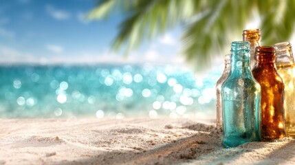 A beautiful scene capturing colorful glass bottles resting on soft sand, with a stunning ocean backdrop and vibrant sunlight reflecting off the water's surface.