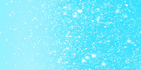 shiny and glowing white winter snowflake with blue sky background, snowfall winter seasonal morning nature background, Winter landscape with falling shiny snow and various white particles.