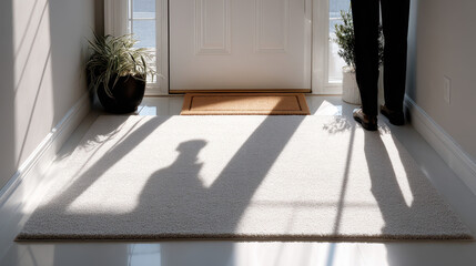 Sunlit entryway with shadow of a person standing beside a houseplant and door mat on a bright floor