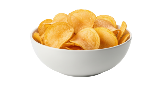 Isolated bowl of golden salty potato chips snack food, party appetizer comfort food