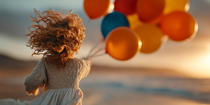 Child joyfully runs along the beach holding colorful balloons at sunset, capturing the essence of carefree childhood moments - Powered by Adobe