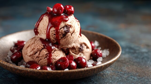 A tempting dessert showcasing rich chocolate ice cream scoops adorned with juicy cherries and syrup, perfect for evoking nostalgia and delighting sweet-tooth cravings.