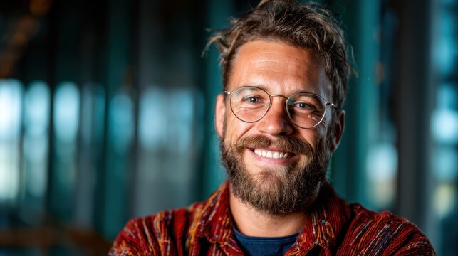 A charming man with a beard and glasses gives a friendly smile, capturing casual confidence and approachability in a modern, contemporary setting.