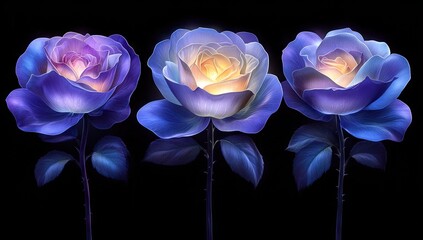 Three glowing, mystical blue roses in dark void