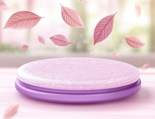 Pink platform with falling leaves on a bright, blurred background