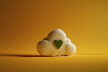 Cloud with heart emblem on solid yellow background