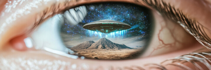 Closeup of human eye reflecting group of alien spaceships invading, conceptual background