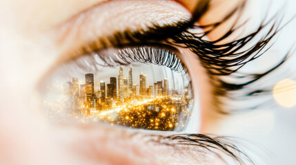 Closeup of human eye reflecting vibrant night city view, conceptual background