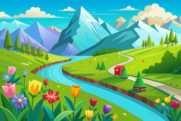Fototapeta premium Vibrant spring landscape with mountains flowers and a river