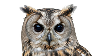 Isolated long-eared owl looking straight into camera with cute expression for use in ads