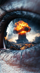 Human eye reflecting massive nuclear explosion, apocalyptic theme, background