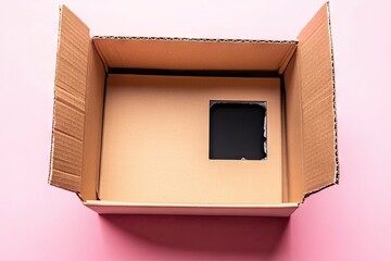 Open cardboard box with square cutout, pink background
