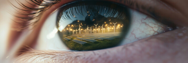 Closeup human eye reflecting fire, solar panels, and wind turbines, concept of AI Generated