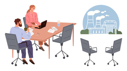 Two colleagues discussing with a laptop and papers at a meeting table beside imagery of an energy plant. Ideal for teamwork, pollution, environment, sustainability, strategy, urban planning, energy