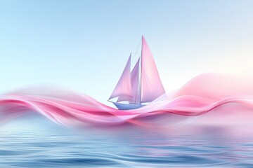 Sailboat sailing through abstract waves, serene blue