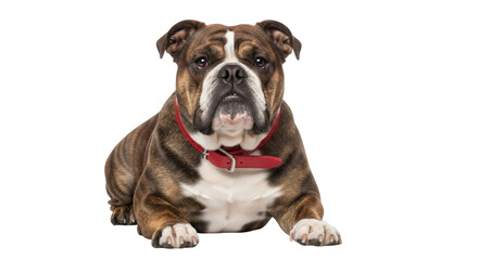 Obraz premium Isolated bulldog lying down, wearing a red collar, and posing for camera in studio
