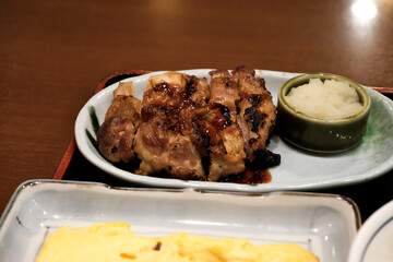 Authentic Japanese Lunch Set: Grilled Chicken, Rolled Omelette, Rice, Miso Soup


