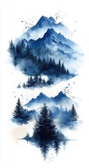 Misty blue mountains and forests, watercolor style