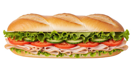 Isolated submarine sandwich with lettuce, tomato and cucumber on a long bread roll, close up