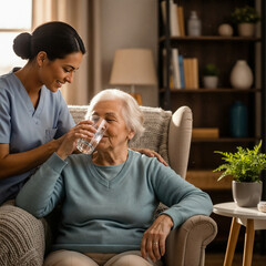 A caring young caregiver helping a smiling senior woman to drink a glass of water at home.