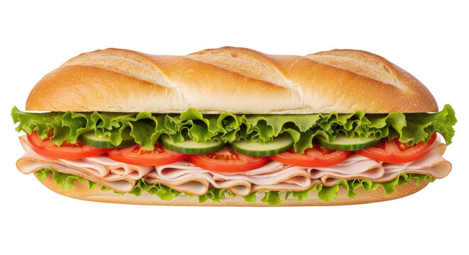 Isolated submarine sandwich with lettuce, tomato and cucumber on a long bread roll, close up