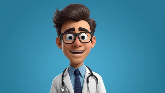 Cartoon doctor smiling confidently in a bright blue background, ready to help patients