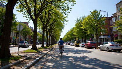 a tranquil urban street scene. a man is riding his bike in the middle of the road, seemingly enjoying the solitude and the sunny day