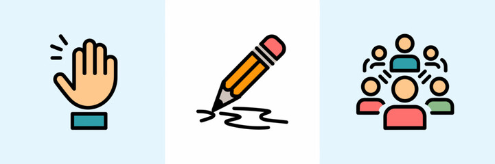 Vector icon sheet with hand raising, pencil erasing, and group support icons &ndash; Suitable for teacher support, grading assistance, and group activities illustrations