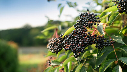 Lush Black Elderberry Clusters On A Bush Amid Summer