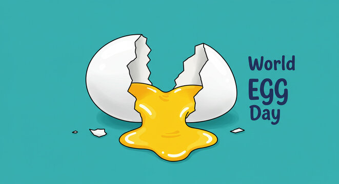Celebrate World Egg Day with a vibrant, playful design featuring a cracked egg and flowing yolk against a cheerful teal backdrop for food promotions and social media campaigns - Powered by Adobe