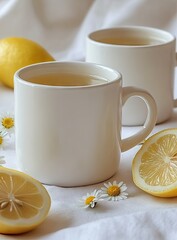 Two mugs of tea with lemons and daisies on white cloth