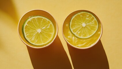 Two halves of lime in bowls, bright yellow backdrop