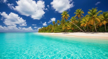 Idyllic tropical beach with turquoise water, white sand, and lush palm trees under a clear blue sky with fluffy white clouds