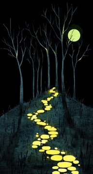 Glowing path through dark woods under a full yellow moon