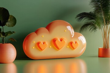 Cloud shape with hearts, illuminated, beside plants