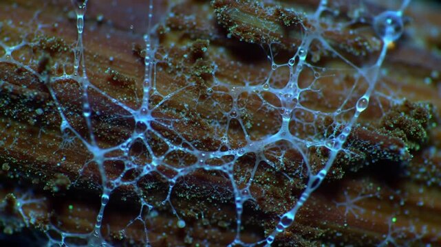 Time lapse of slime mold forming intricate web on decaying wood in damp forest