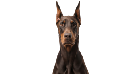 Isolated Doberman Pinscher head shot, cropped portrait, alert watchful dog looking at viewer