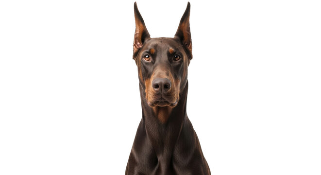 Isolated Doberman Pinscher head shot, cropped portrait, alert watchful dog looking at viewer