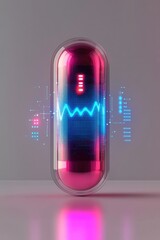Futuristic pill with glowing data & digital elements