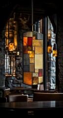 Geometric-paneled lamp hangs in a warm, dark interior