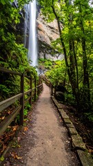 Path to a misty waterfall