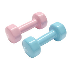 A pair of small glossy pastel pink and blue vinyl dumbbells for light exercise and fitness training.