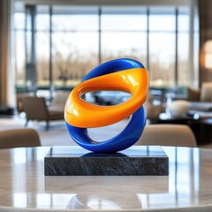 Abstract sculpture blue/yellow loops, marble base
