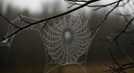 Spider web in the morning with glistening dew drops is a beautiful macro nature pattern