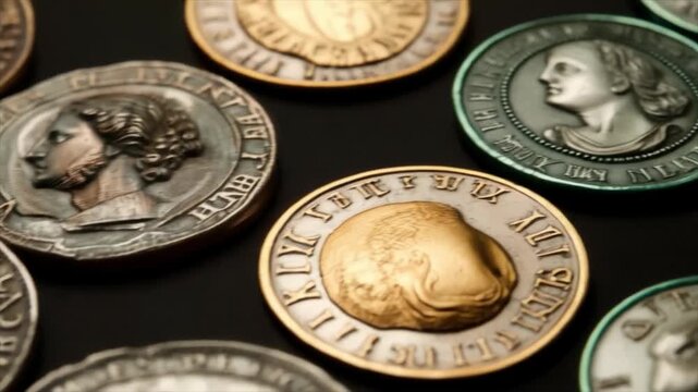 Antique coins with portraits, covered with the patina of time. Ideal for illustrating historical materials, collecting, financial analysts, or retro-style design.
