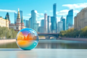 Crystal ball reflects skyline on a blurry city view.