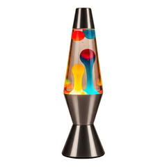 A retrostyle lava lamp with a brushed metal base and vibrant colorful wax blobs of red yellow and blue floating inside.